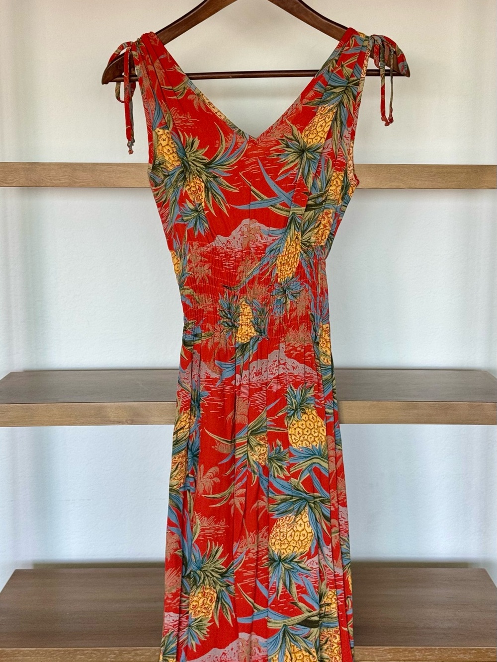 Lucy Red Tropical Pineapple Maxi Dress with Yellow & Green Print